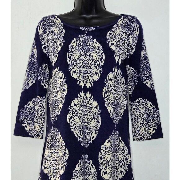 Lilly Pulitzer Merino Wool Sweater Size XS Blue White Pattern Damask Tunic - Picture 2 of 7